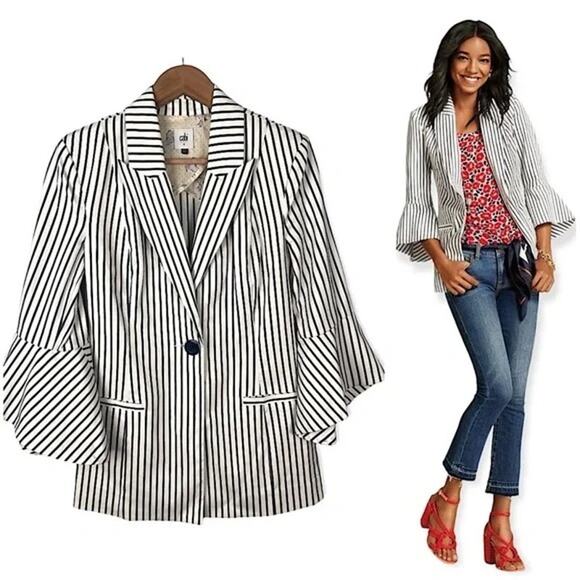CAbi Women's White Navy Striped Bell Sleeve Blazer Jacket Size 2 Classy Elegant - Picture 3 of 14